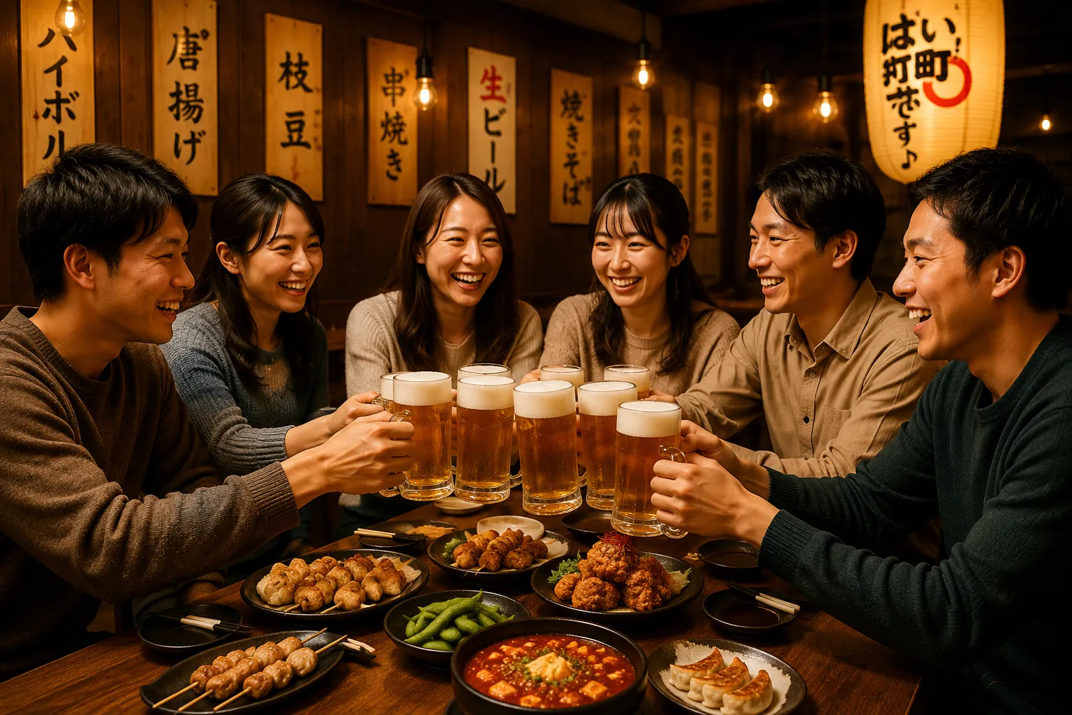 幅広い年代の利用客が乾杯する様子