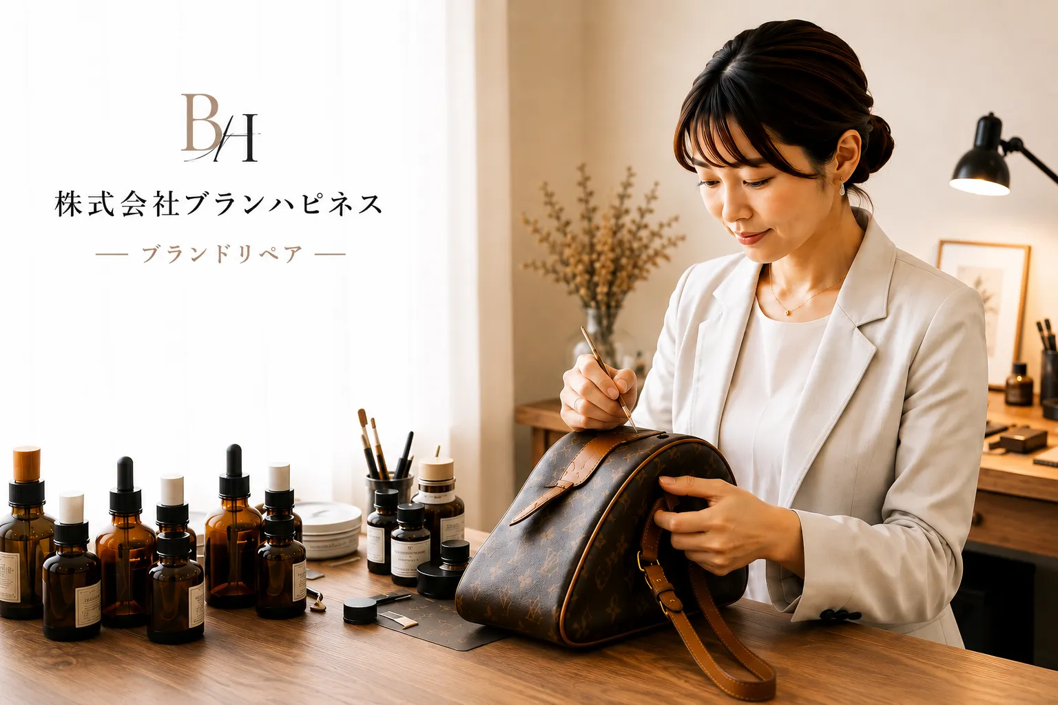 ブランド品のリペア作業をする女性